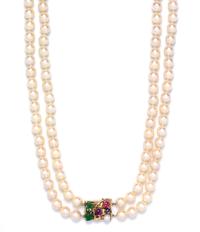 A 14 Karat Yellow Gold, Multigem and Cultured Pearl Double Strand Necklace,