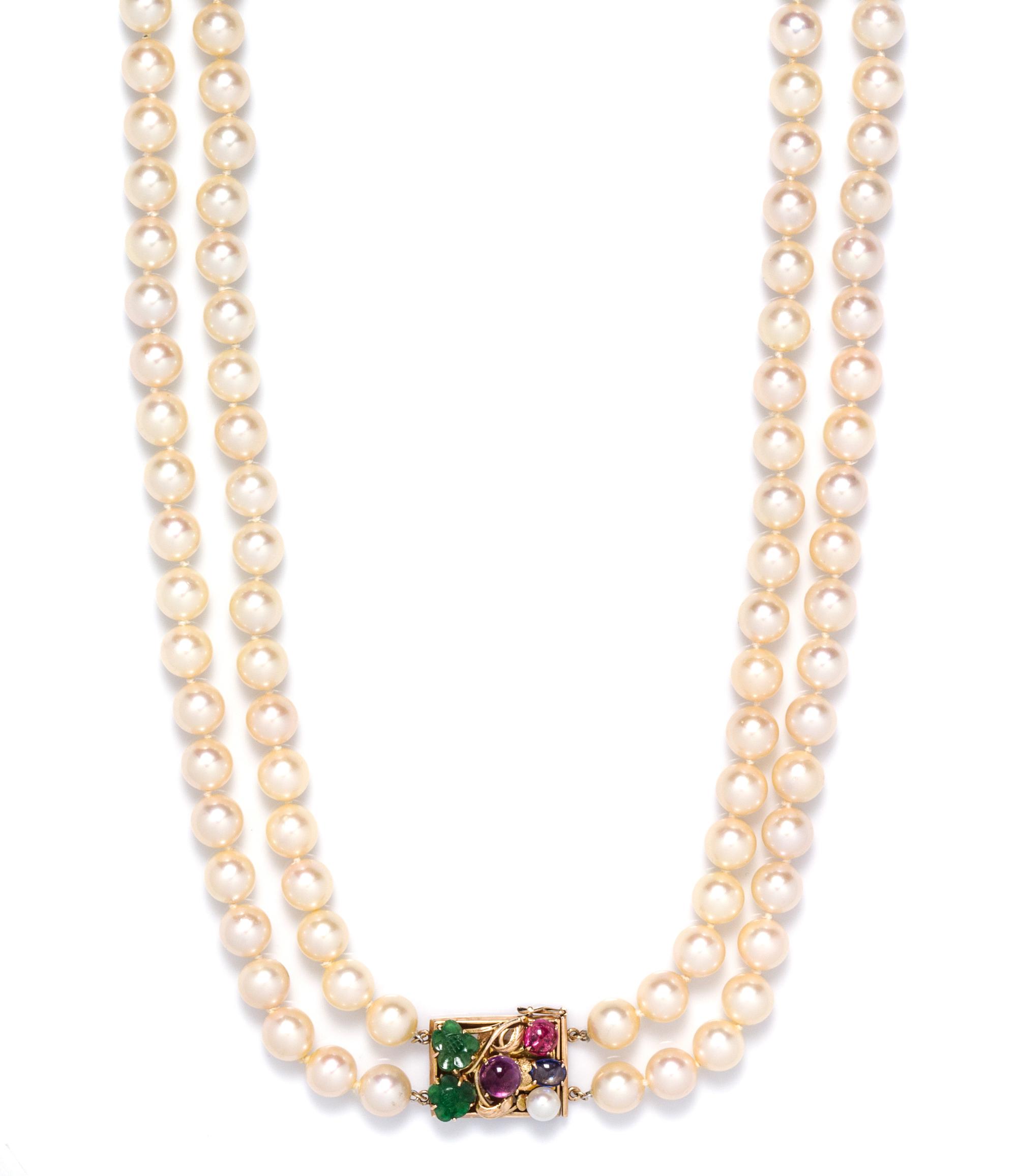 A 14 Karat Yellow Gold, Multigem and Cultured Pearl Double Strand Necklace,