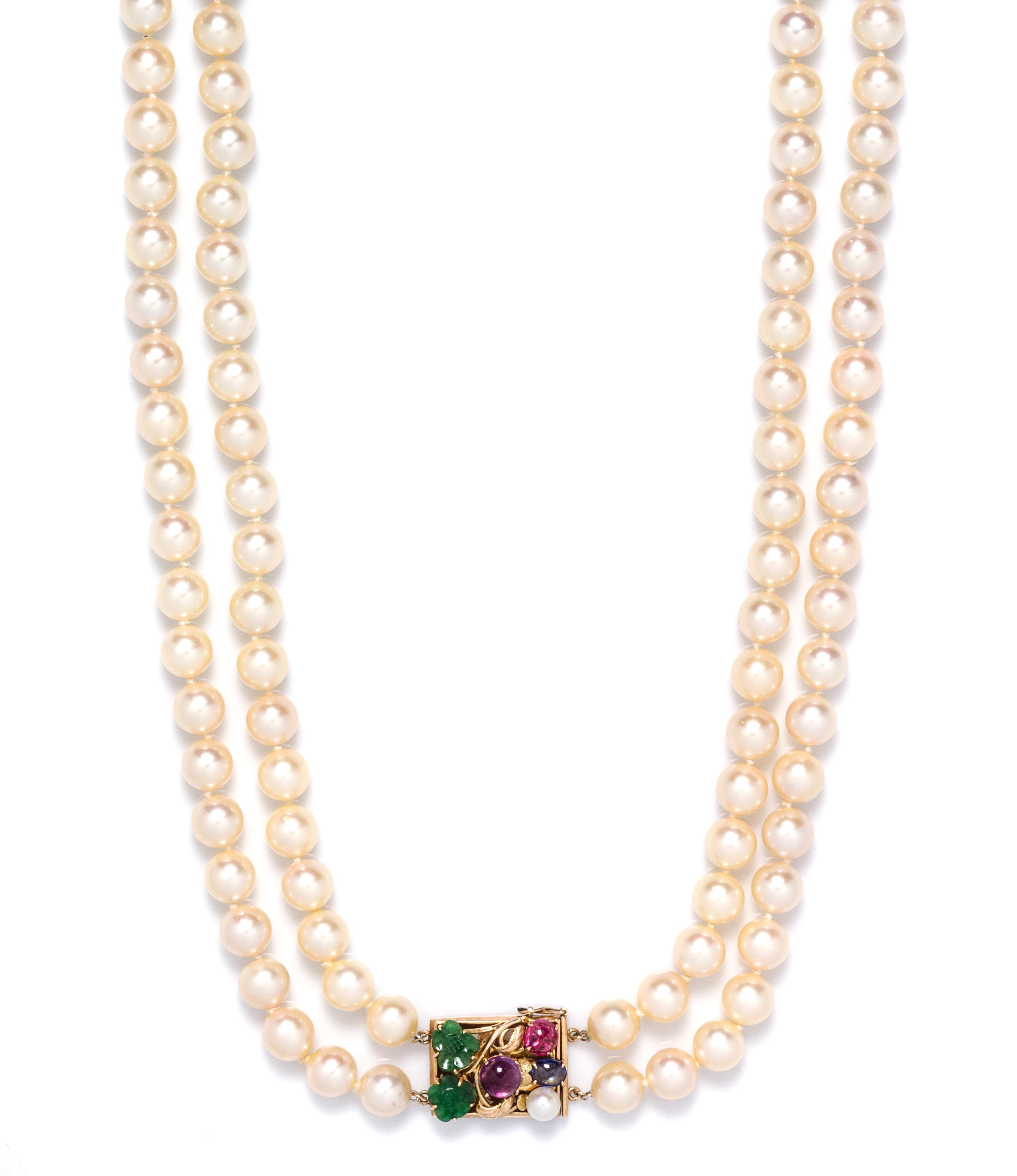 A 14 Karat Yellow Gold, Multigem and Cultured Pearl Double Strand Necklace,