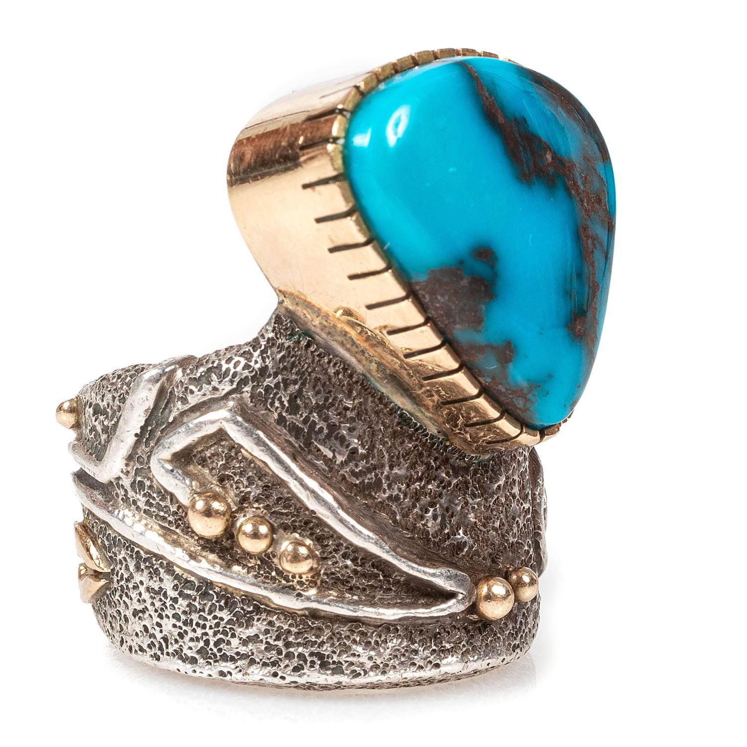 Tufa Cast Silver Ring, with Bisbee Turquoise Cabochon and Accented with 14k Gold