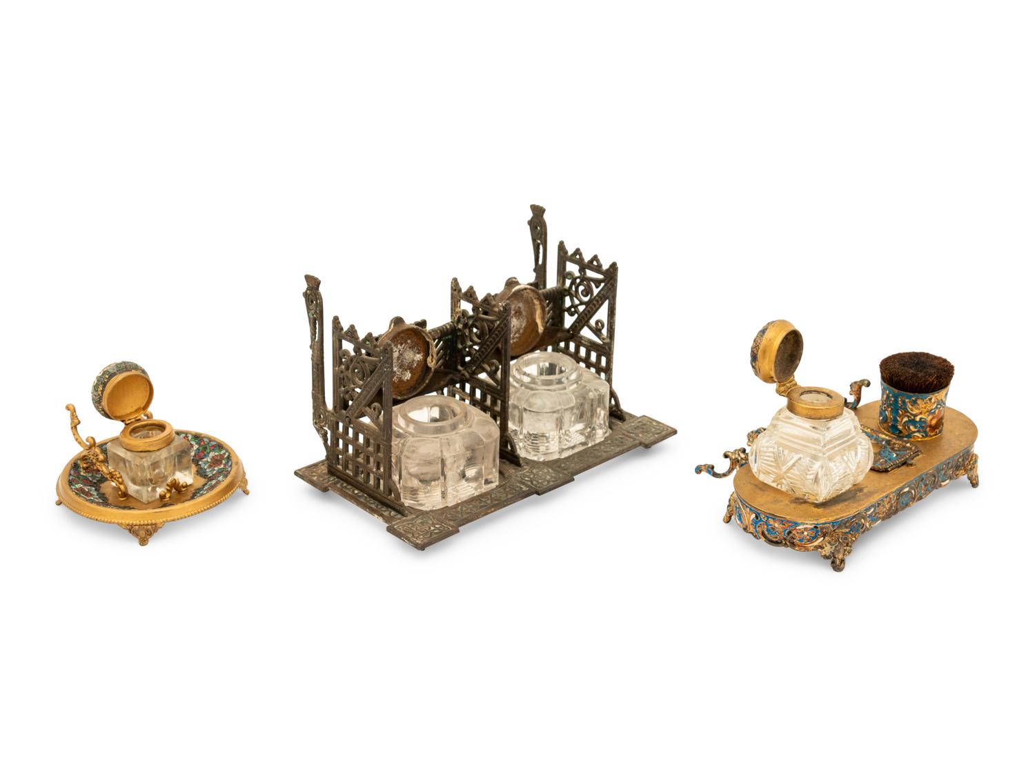 A Group of Enamel and Cast Iron Inkwells