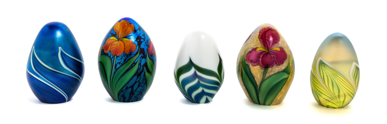 Orient & Flume, CHICO, CA, a group of five glass paperweights