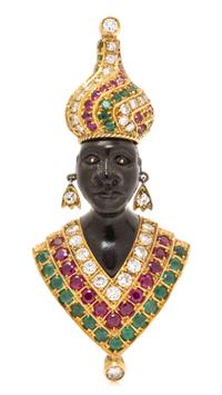An 18 Karat Yellow Gold, Ebony, Diamond and Multigem Blackamoor Brooch, Nardi, 16.80 dwts.