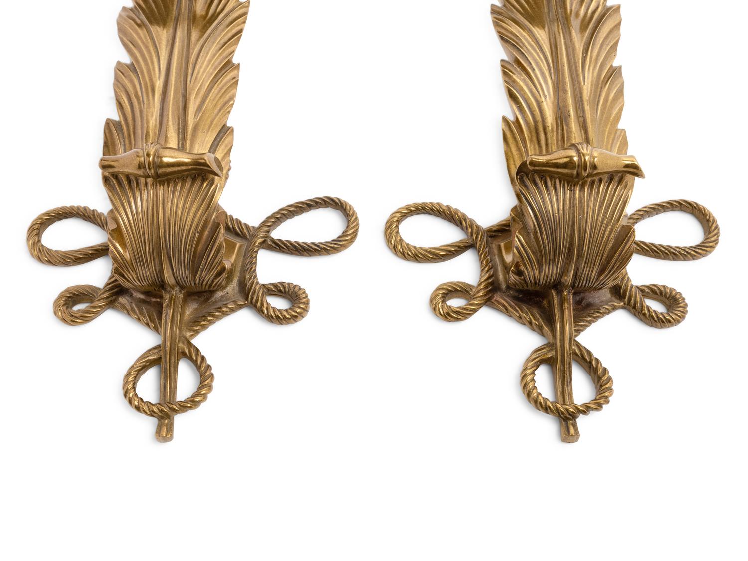 A Pair of Patinated Bronze Single-Light Feather Sconces in the Style of Jules Leleu