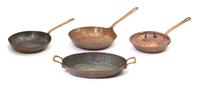 Four Vintage Copper and Brass Saute Pans Length of oval 12 inches. — 19TH CENTURY