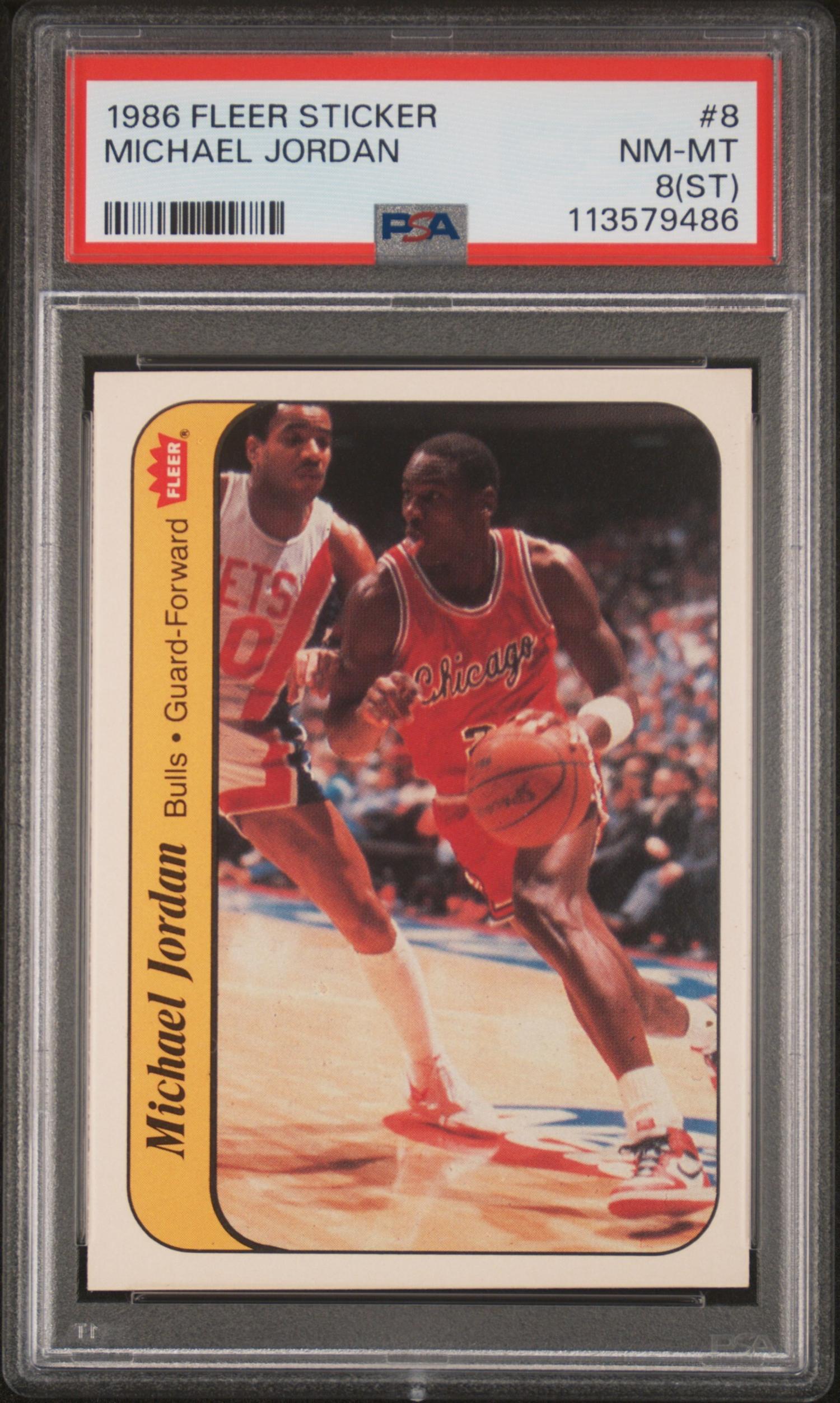 A 1986 Fleer Michael Jordan Rookie Sticker No. 8 (PSA 8 NM ST) and 1991 Upper Deck Baseball Card No. SP1