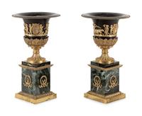A Pair of Empire Style Gilt Bronze and Tôle Marble Urns