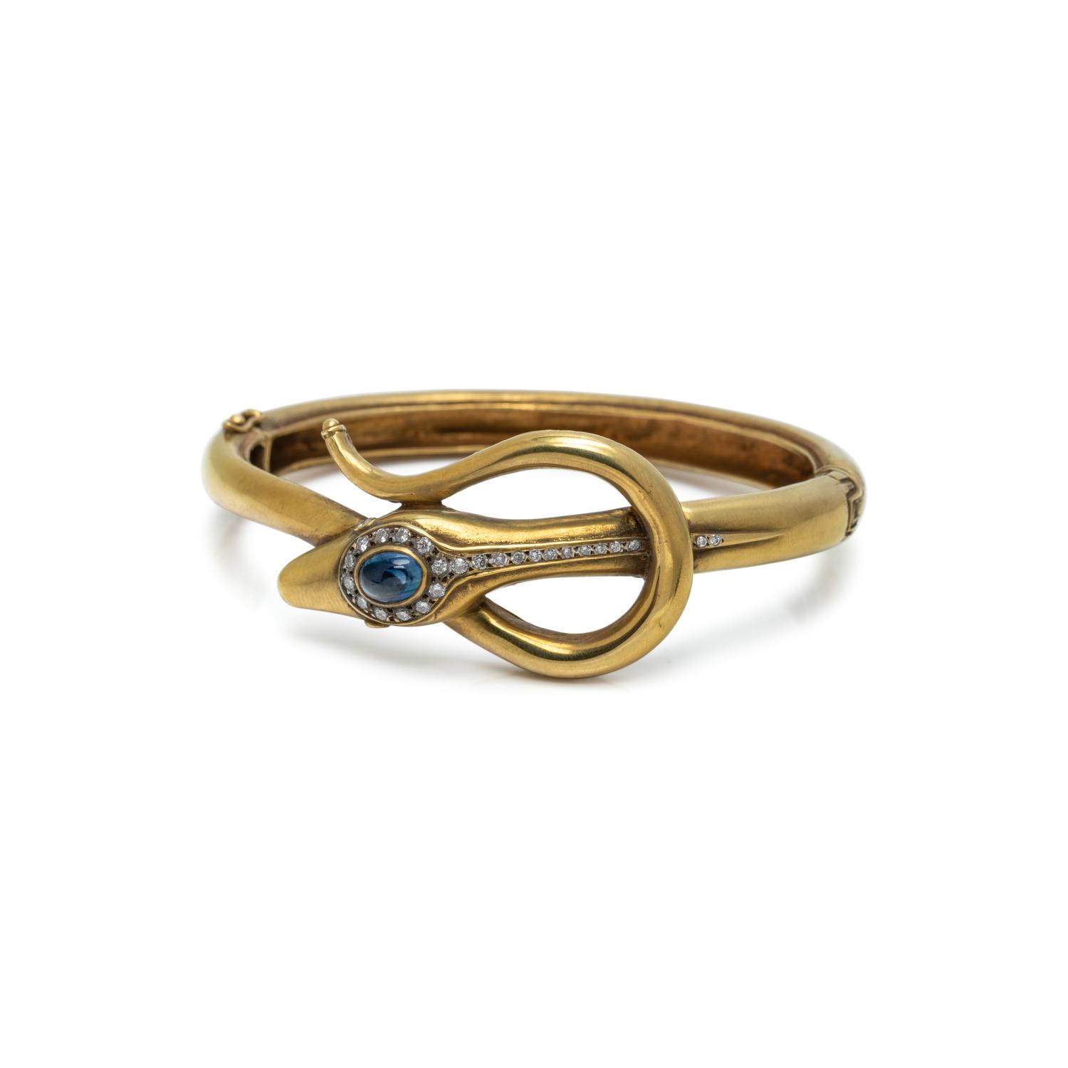 YELLOW GOLD, SAPPHIRE AND DIAMOND SNAKE BANGLE BRACELET