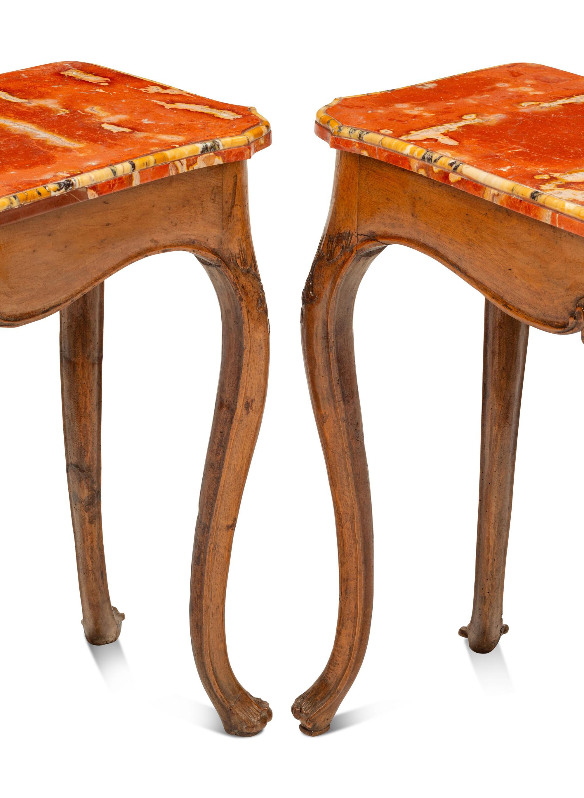 A Pair of Italian Walnut Bi-Color Marble-Top Console Tables