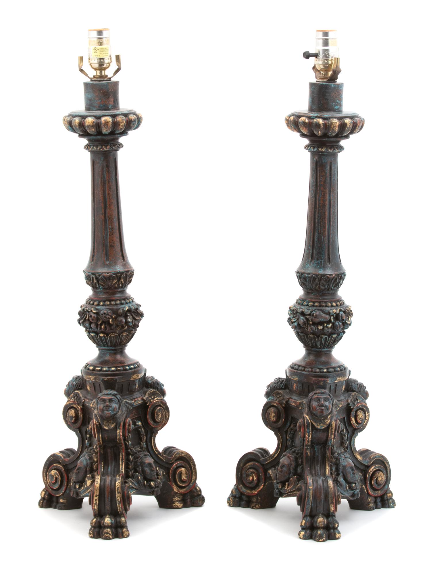 A Pair of Italian Baroque Style Painted and Parcel Gilt Pricket Lamps Height overall 27 inches. — 20TH CENTURY