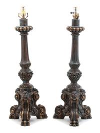 A Pair of Italian Baroque Style Painted and Parcel Gilt Pricket Lamps Height overall 27 inches. — 20TH CENTURY