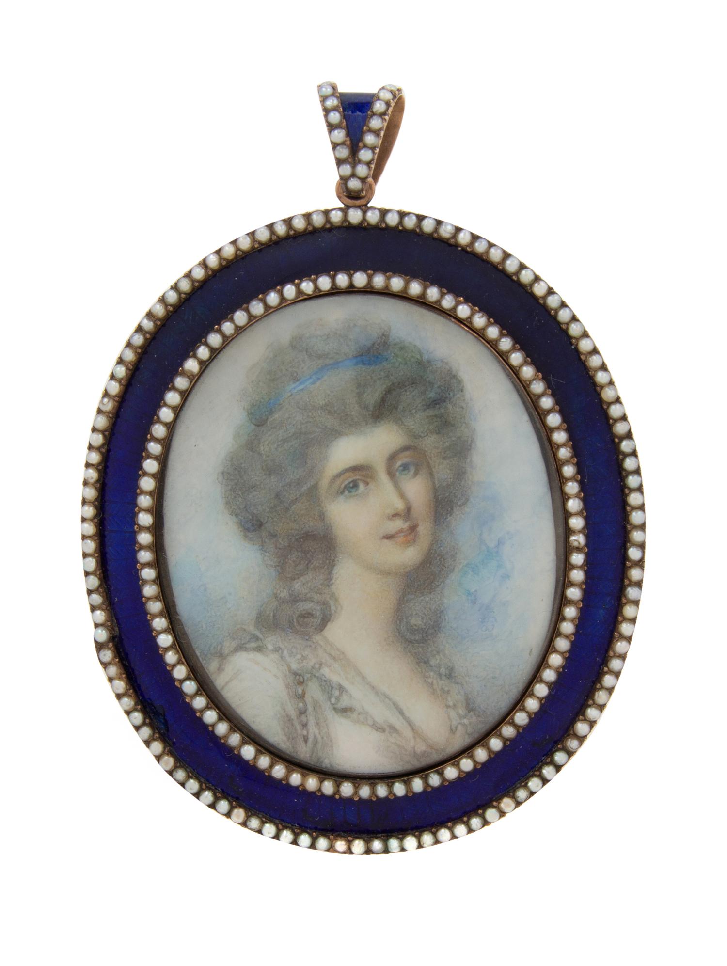A Continental Enamel and Seed Pearl Decorated Portrait Miniature