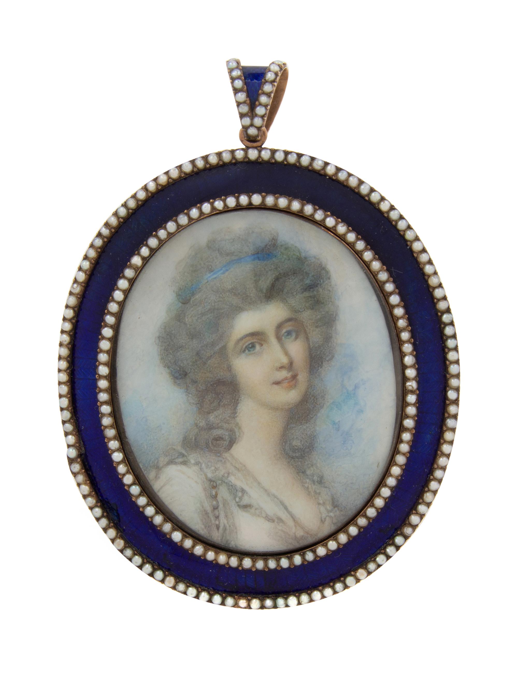 A Continental Enamel and Seed Pearl Decorated Portrait Miniature