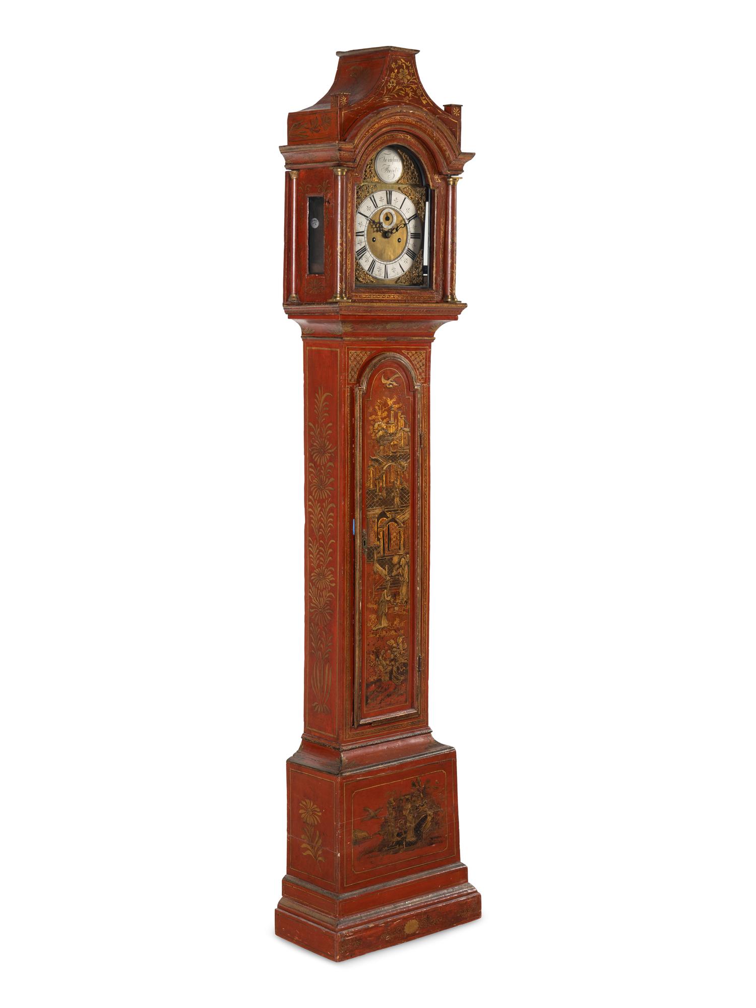 An English Red Japanned Tall Case Clock
