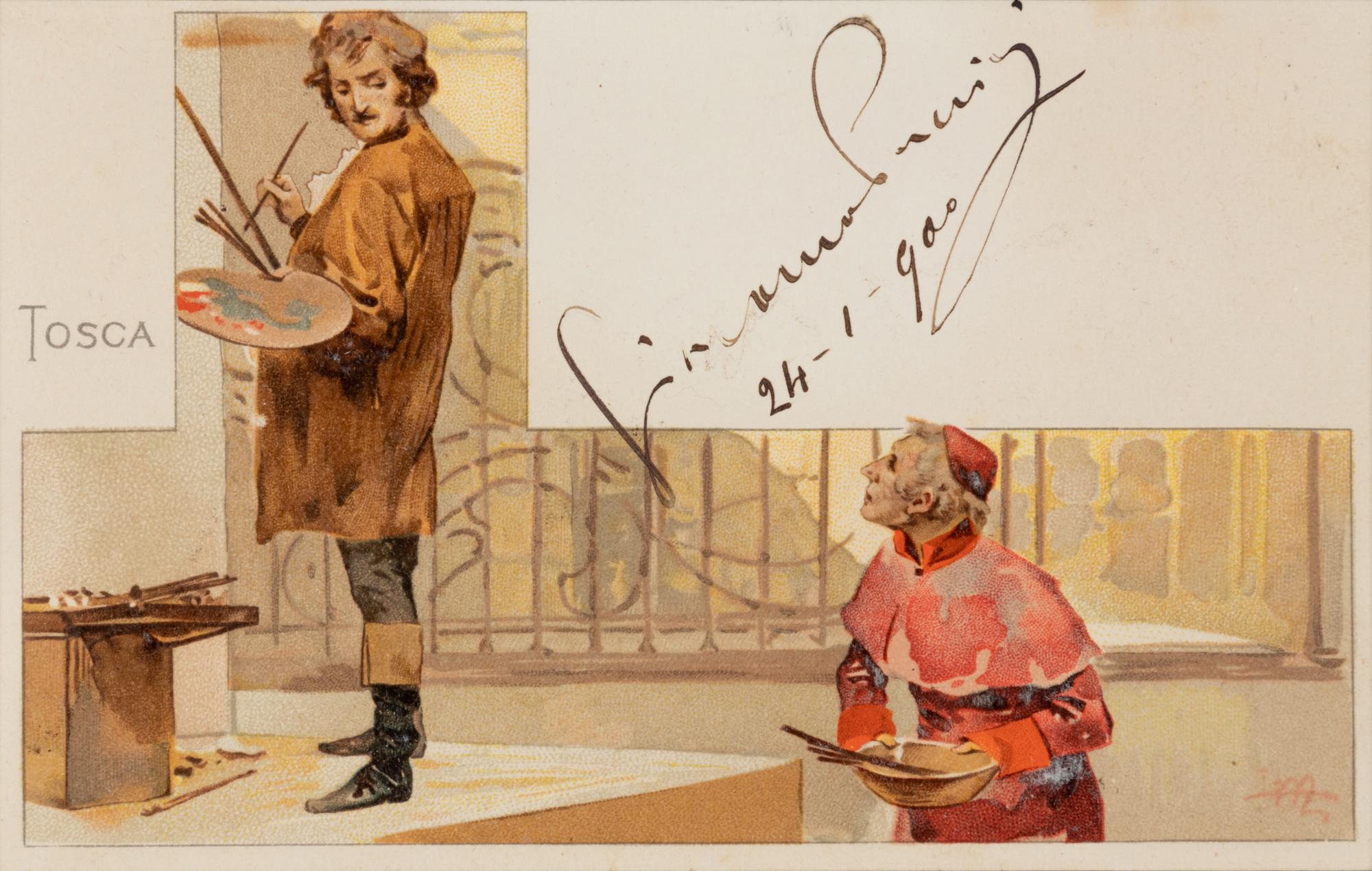 PUCCINI, Giacomo (1858-1924). Promotional color-printed postcard for Tosca , signed (“Giacomo Puccini”) addressed to Lina Marciourri, 24 January 1890.