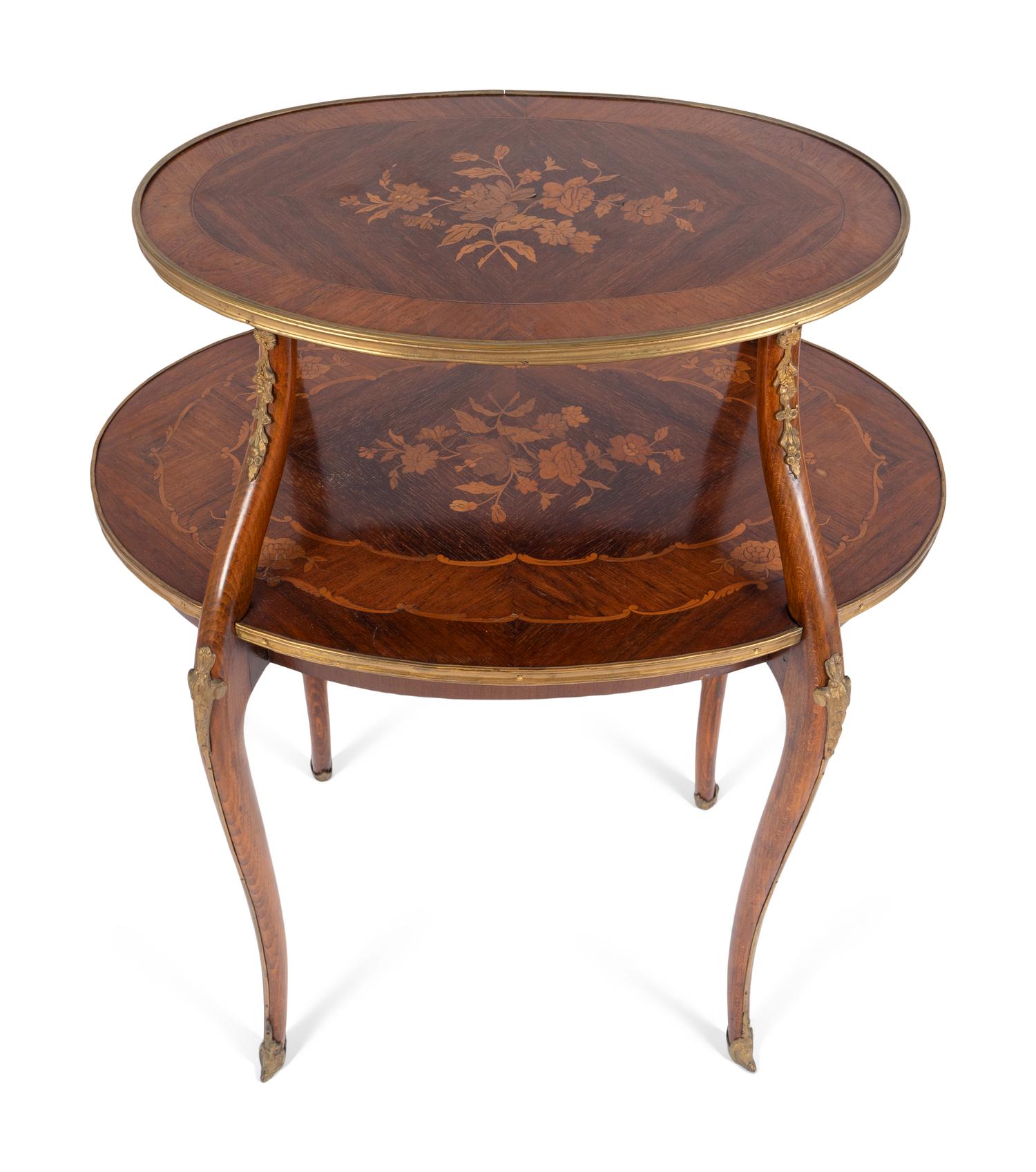 A Louis XVI Style Marquetry Two Tier Side Table with Gilt Bronze Mounts — EARLY 20TH CENTURY