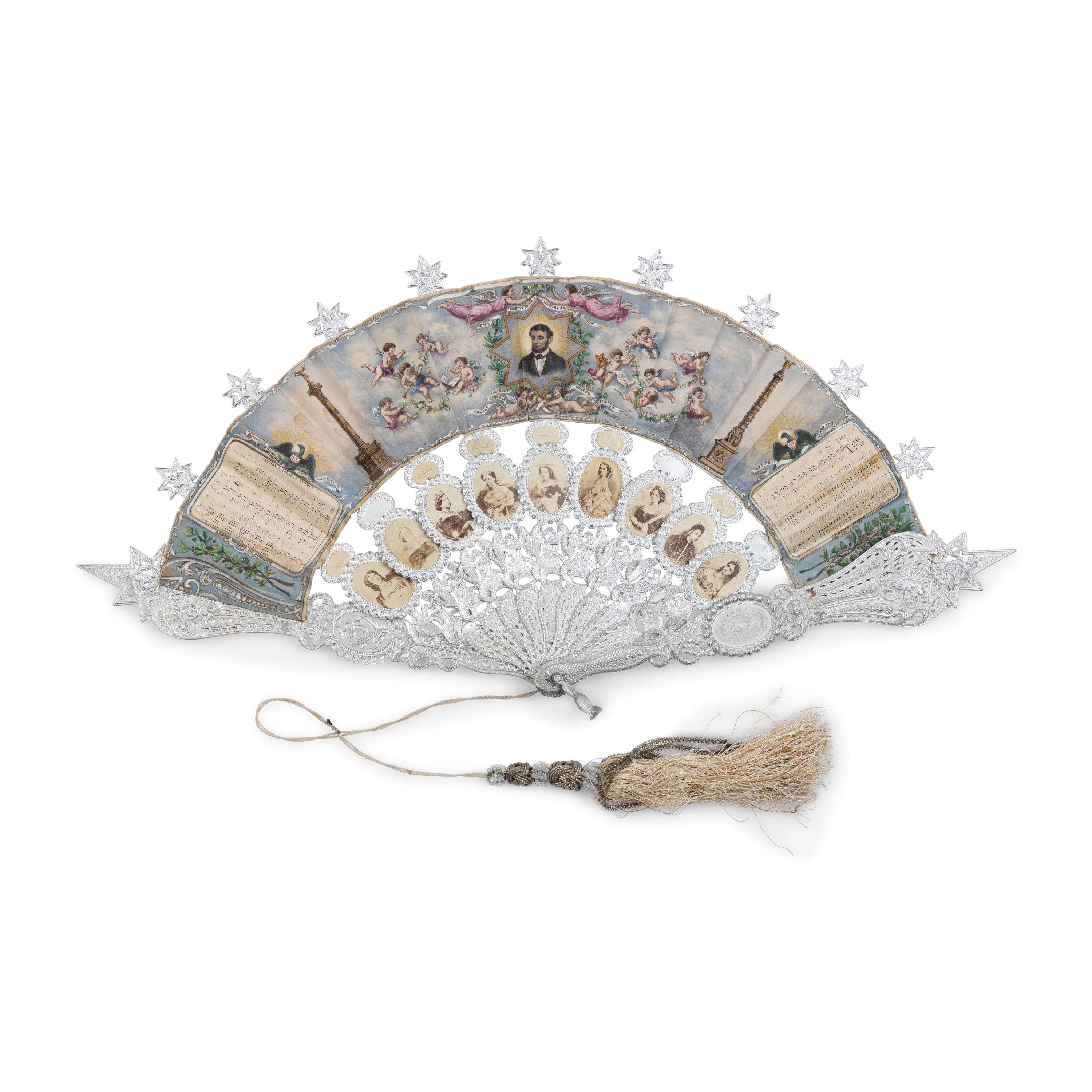[LINCOLN MOURNING]. A unique Lincoln mourning fan produced for display at the 1867 Paris Exposition. Habana/Paris: Designed by August E. A. Luce for Bartolomé Crespo De Borbon, 1866.