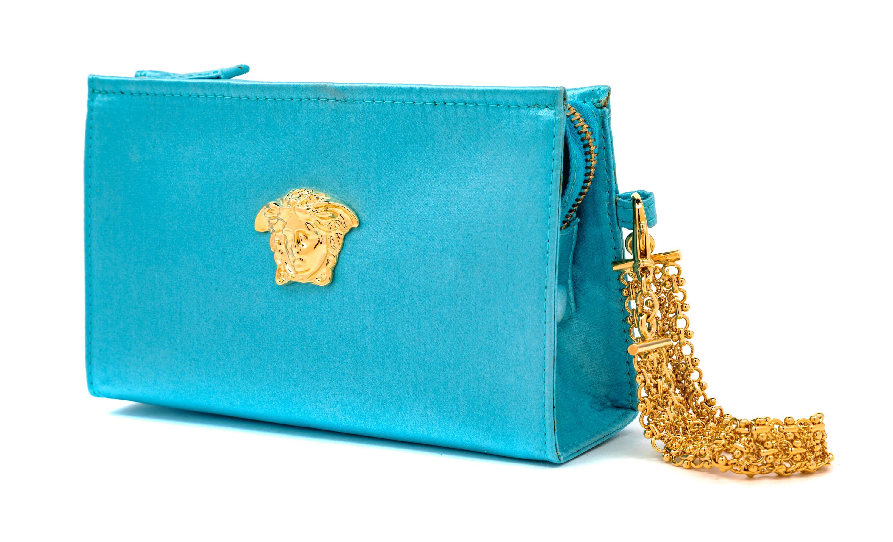 Gianni Versace Couture Blue Satin Goldtone Medusa Handbag, 1990s
