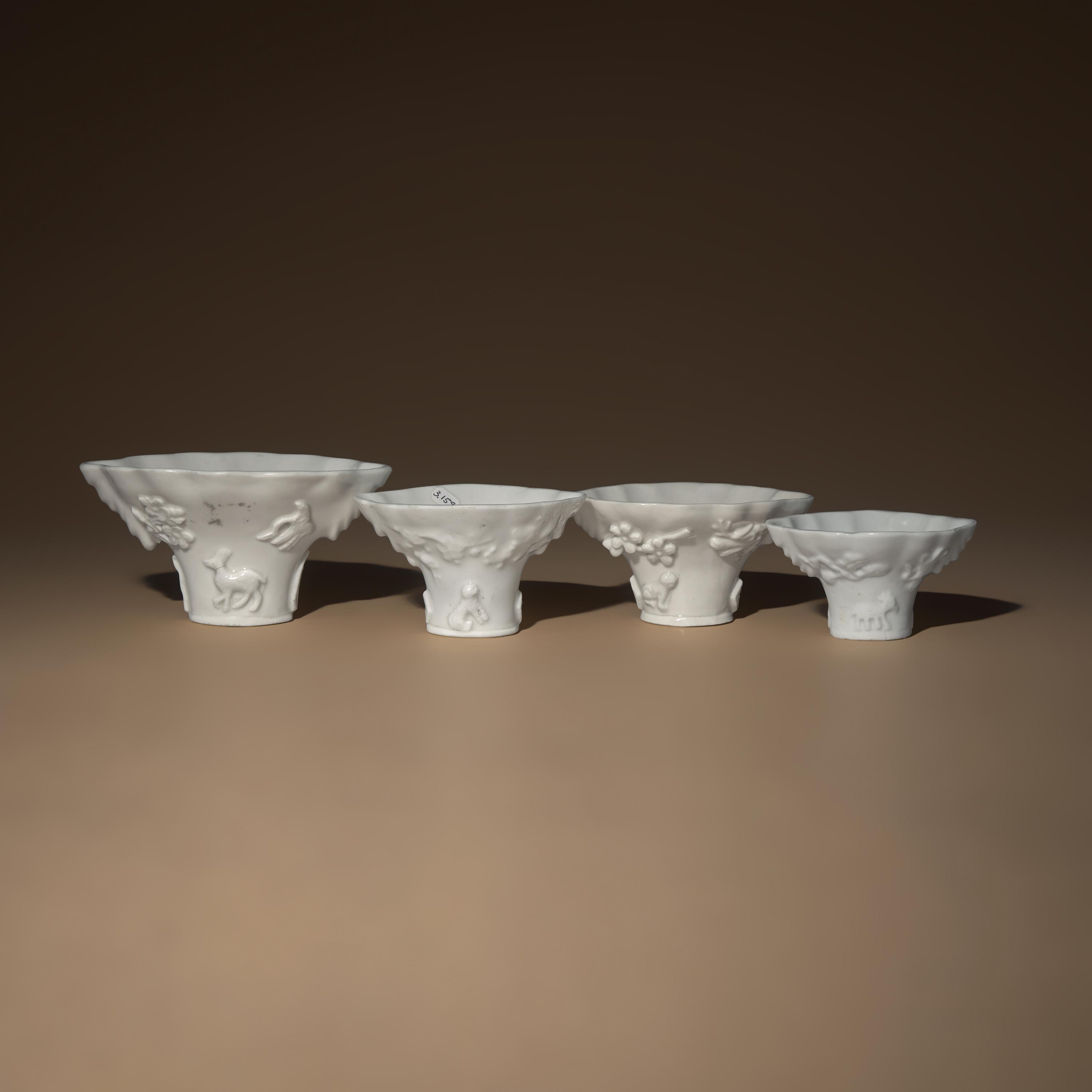 Four Chinese Blanc-de-Chine Porcelain Libation Cups, 18th Century — 清中期 德化白瓷瑞獸靈芝杯四件