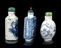 Three Chinese Blue and White Porcelain 'Figures' Snuff Bottles