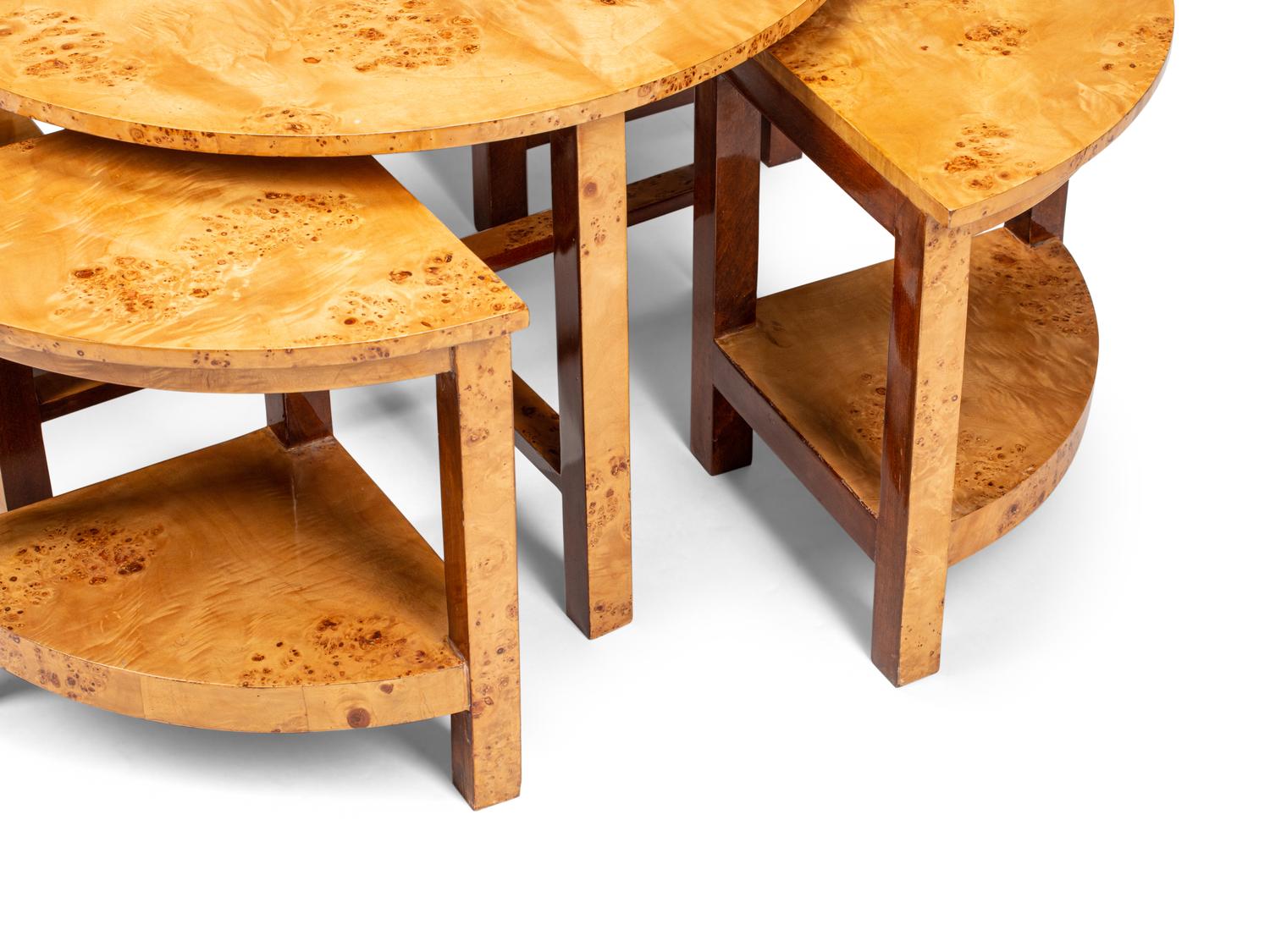 A Continental Burl Birch Five-Piece Low Nesting Table