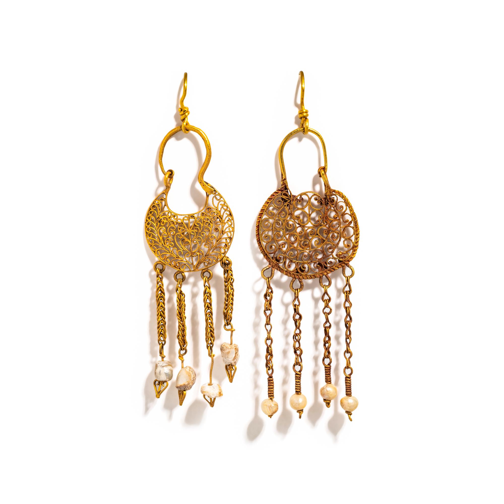 A Pair of Byzantine Gold and Pearl Openwork Earrings