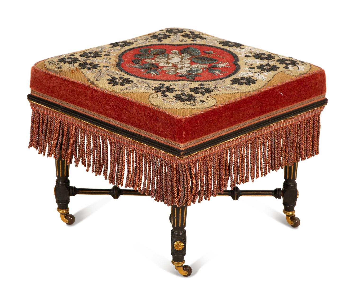 An Early Victorian Stool with Beaded Needlework Upholstered Seat and Fringe