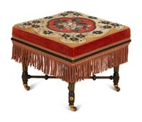 An Early Victorian Stool with Beaded Needlework Upholstered Seat and Fringe