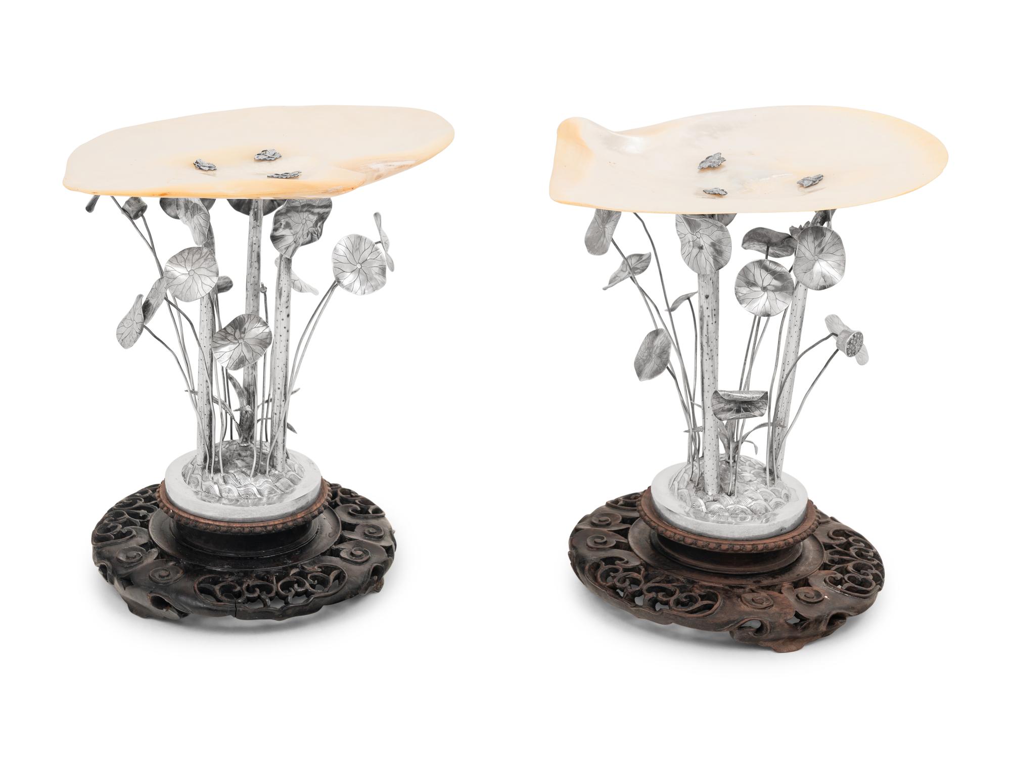 A Pair of Chinese Export Silver and Mother-of-Pearl Table Ornaments
