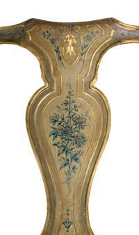 A Set of Six Italian Rococo Polychrome-Painted and Parcel-Gilt Dining Chairs