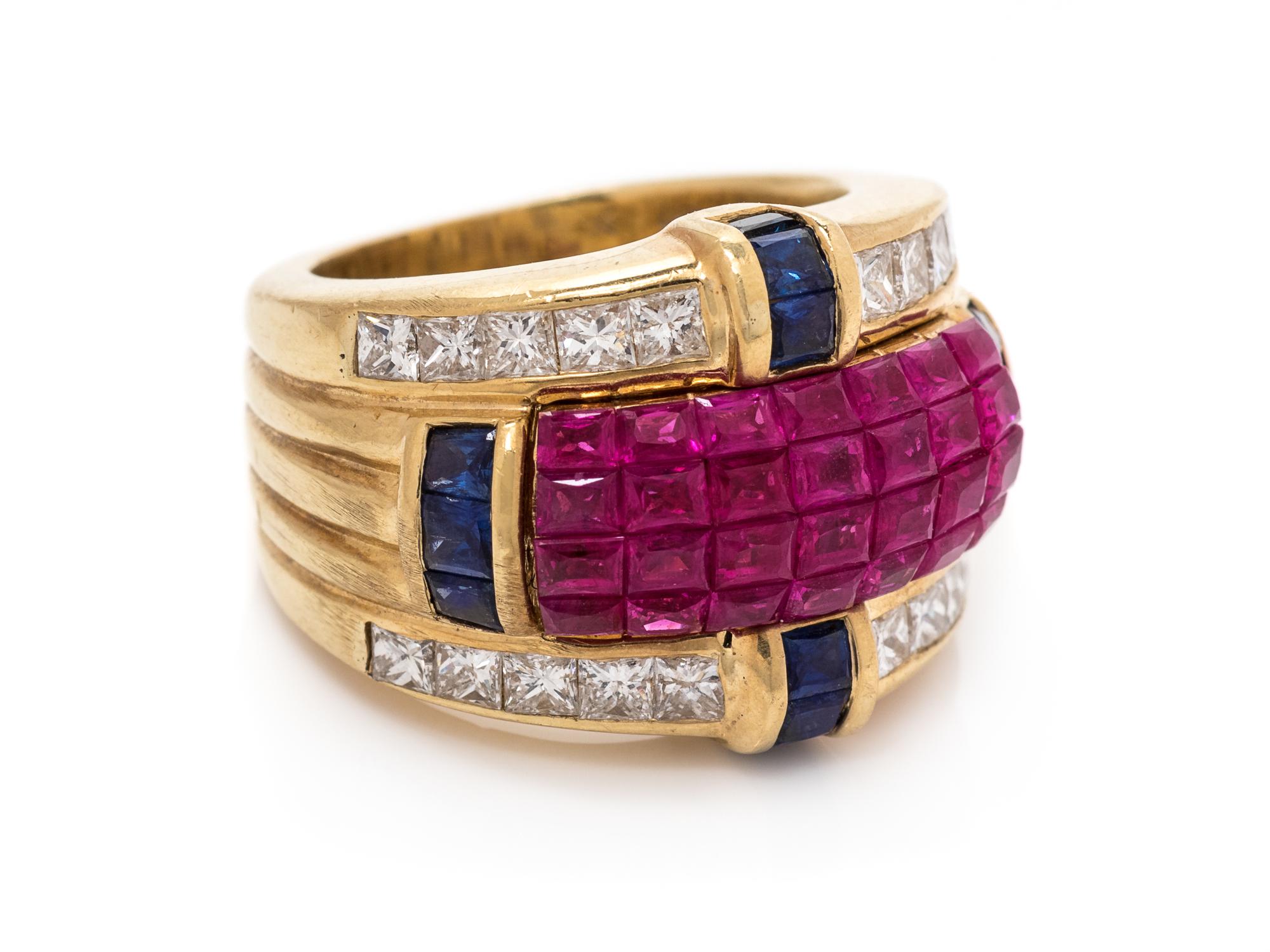 An 18 Karat Yellow Gold Ruby, Diamond and Sapphire Ring,