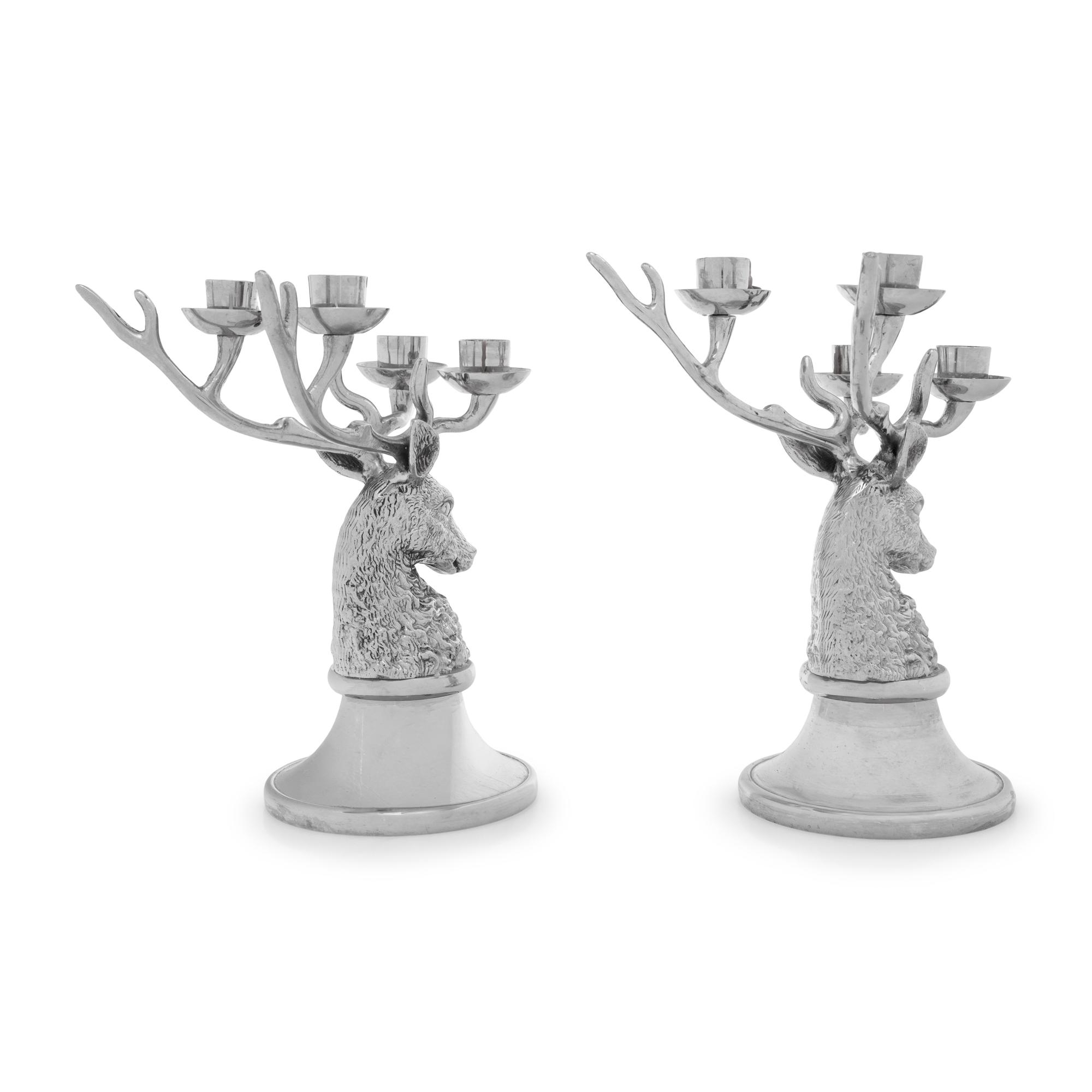 A Pair of Indian Silver-Plate Stag Head Candelabra