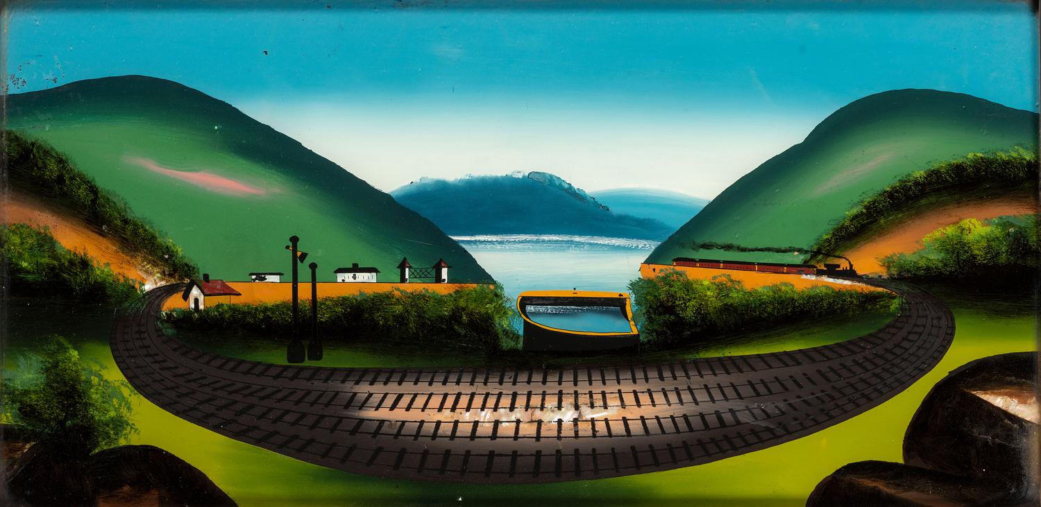 A Reverse-Painted Glass Panel of a Train in a Landscape