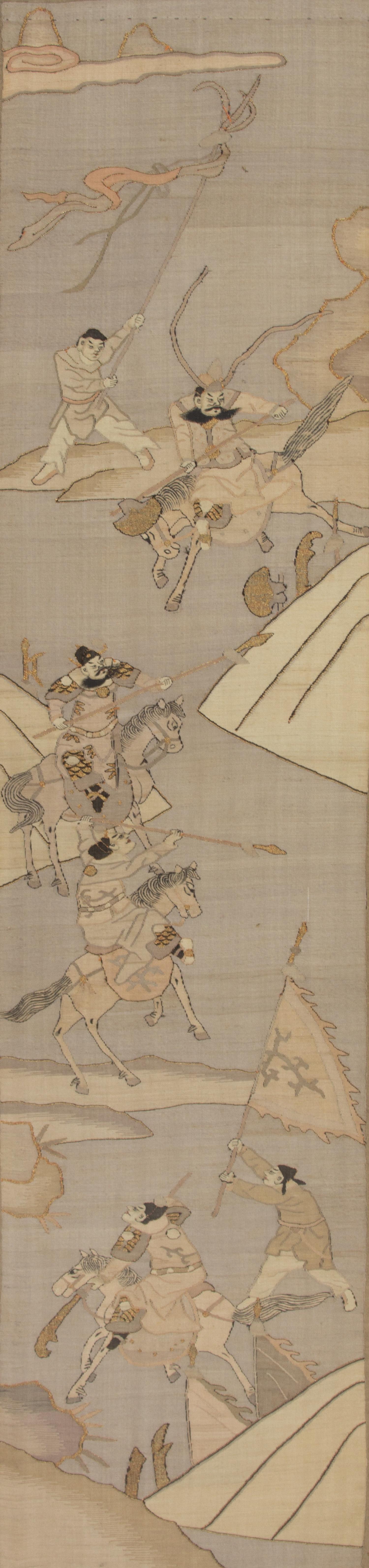 A Pair of Chinese Silk Embroidered Panels Height 41 1/2 x width 12 inches. — 19TH CENTURY