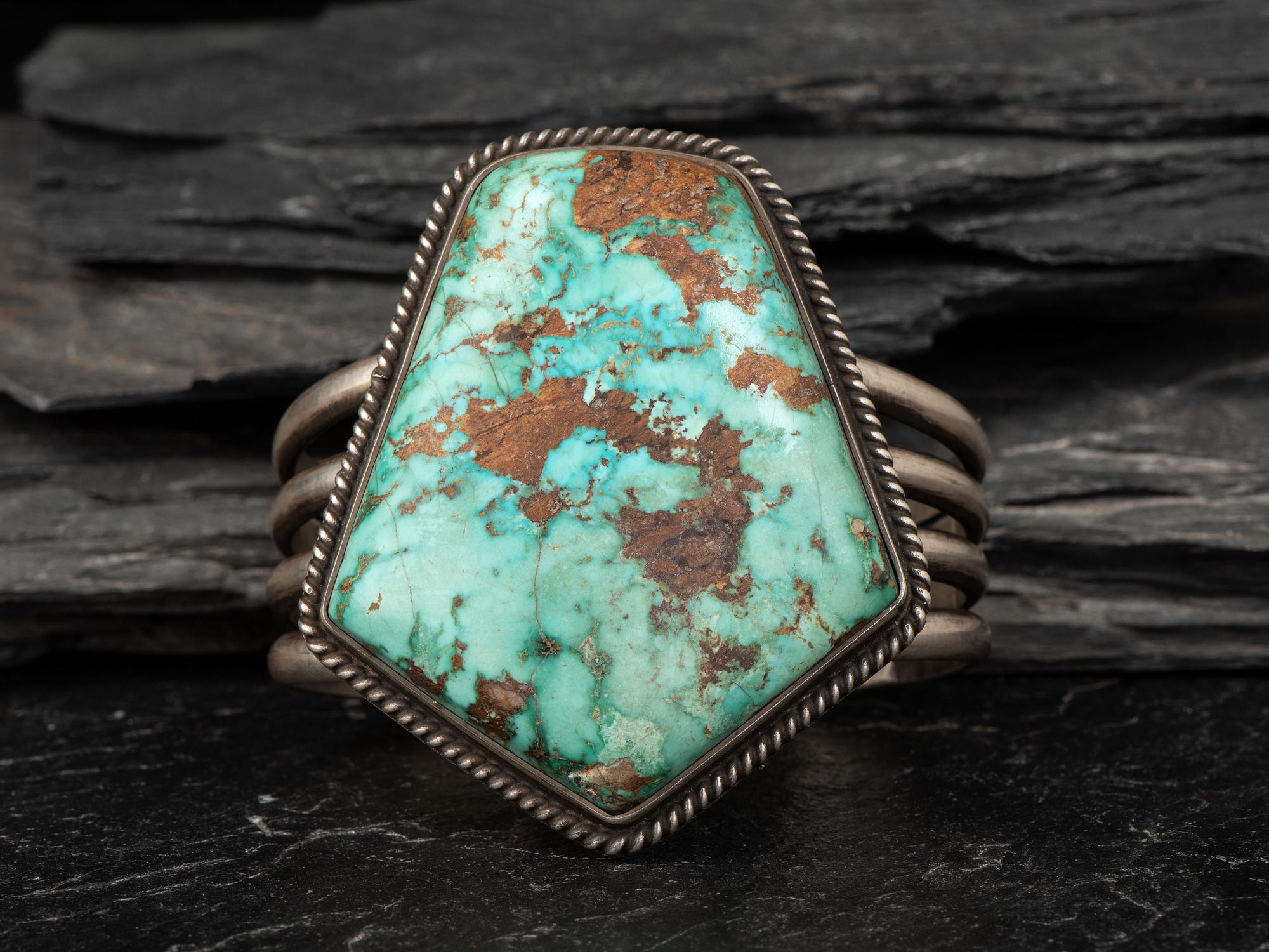 Heavy Sterling Silver Cuff Bracelet, with Large Turquoise Stone