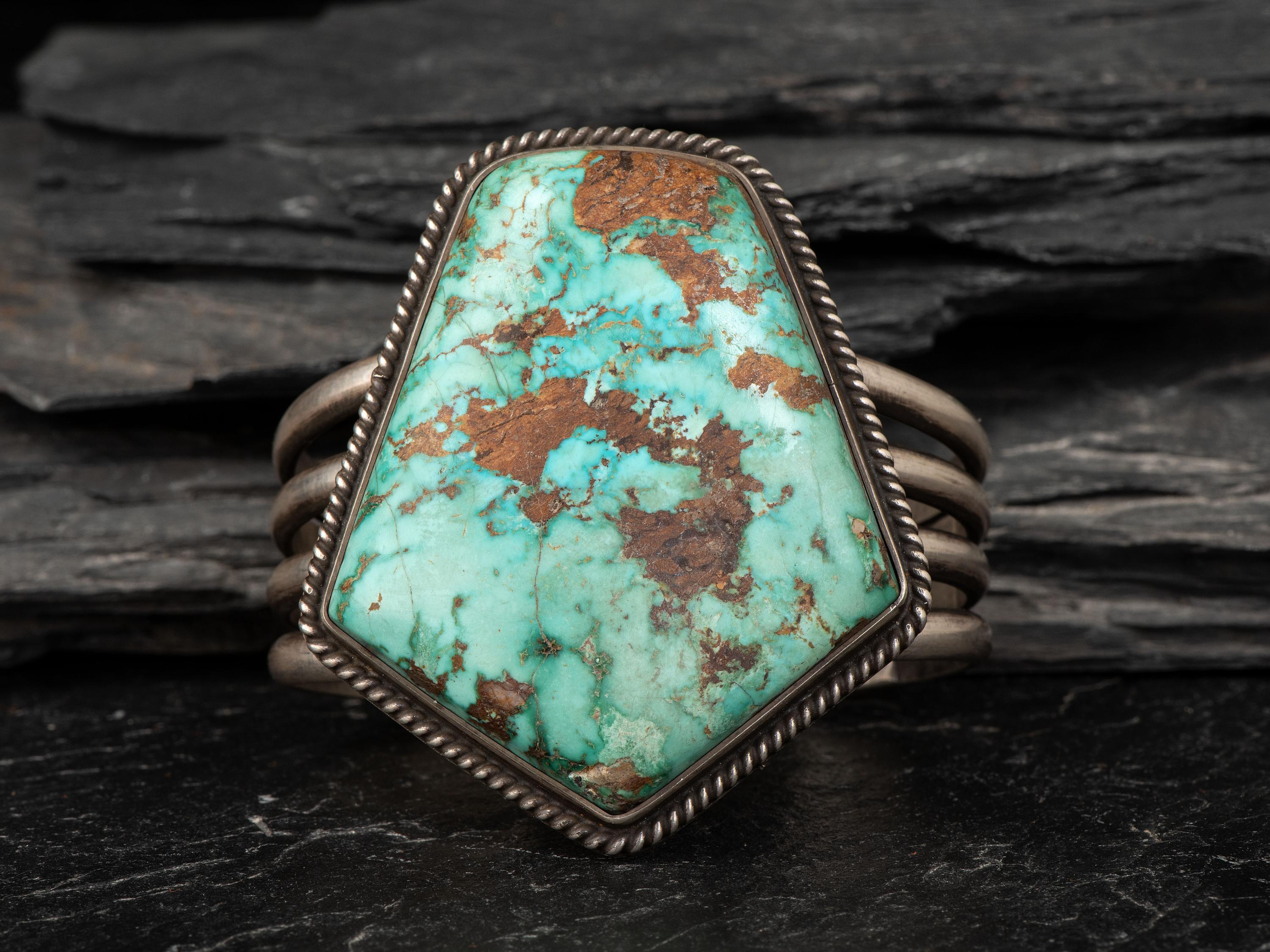 Heavy Sterling Silver Cuff Bracelet, with Large Turquoise Stone