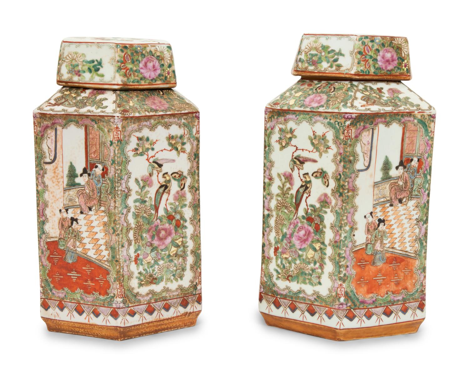 A Pair of Rose Medallion Hexagonal Porcelain Jars