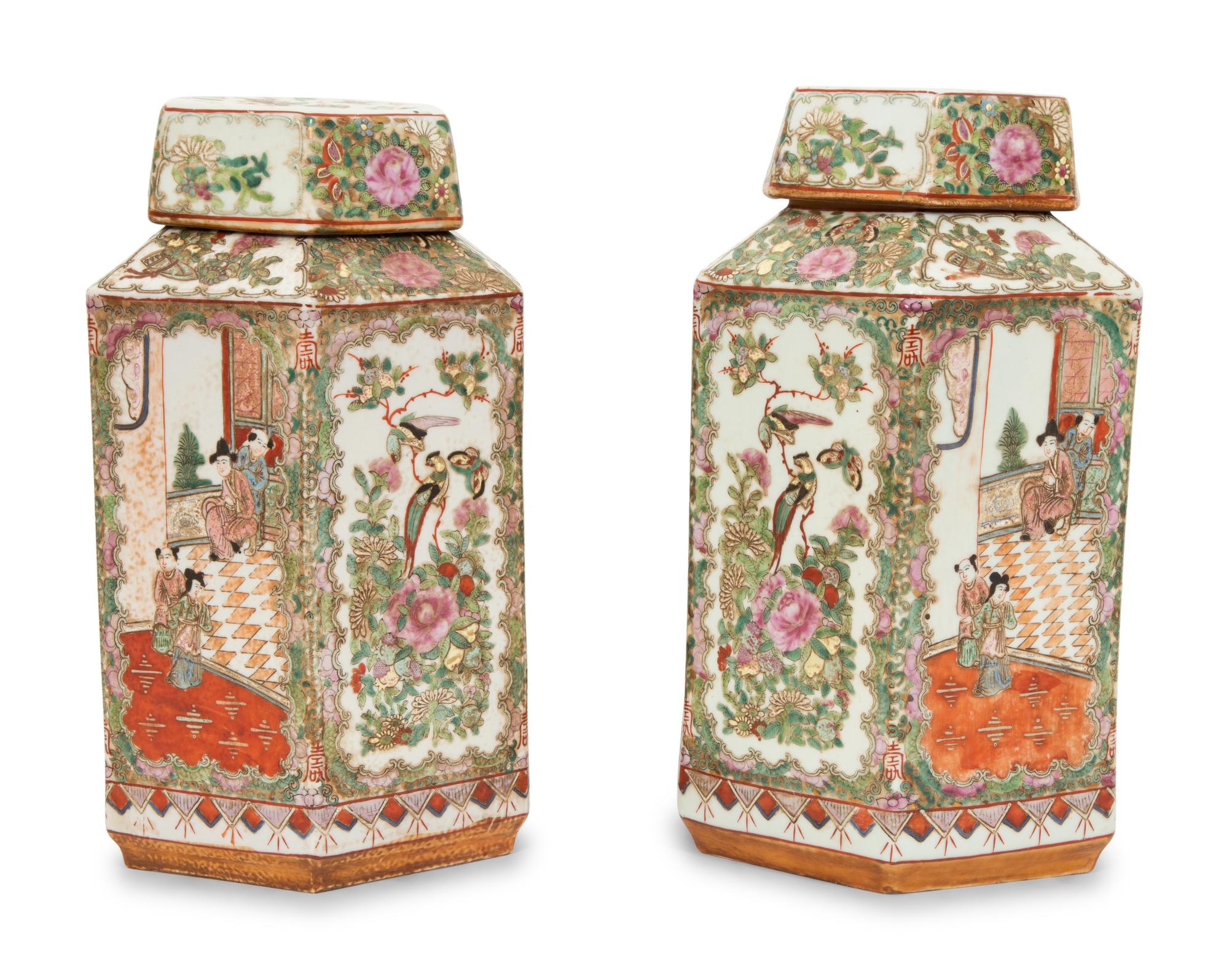 A Pair of Rose Medallion Hexagonal Porcelain Jars