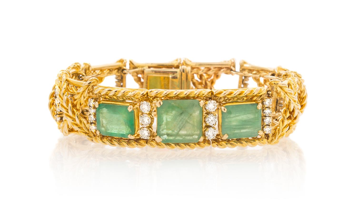 A 14 Karat Yellow Gold, Emerald and Diamond Link Bracelet, 34.70 dwts.