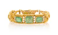 A 14 Karat Yellow Gold, Emerald and Diamond Link Bracelet, 34.70 dwts.