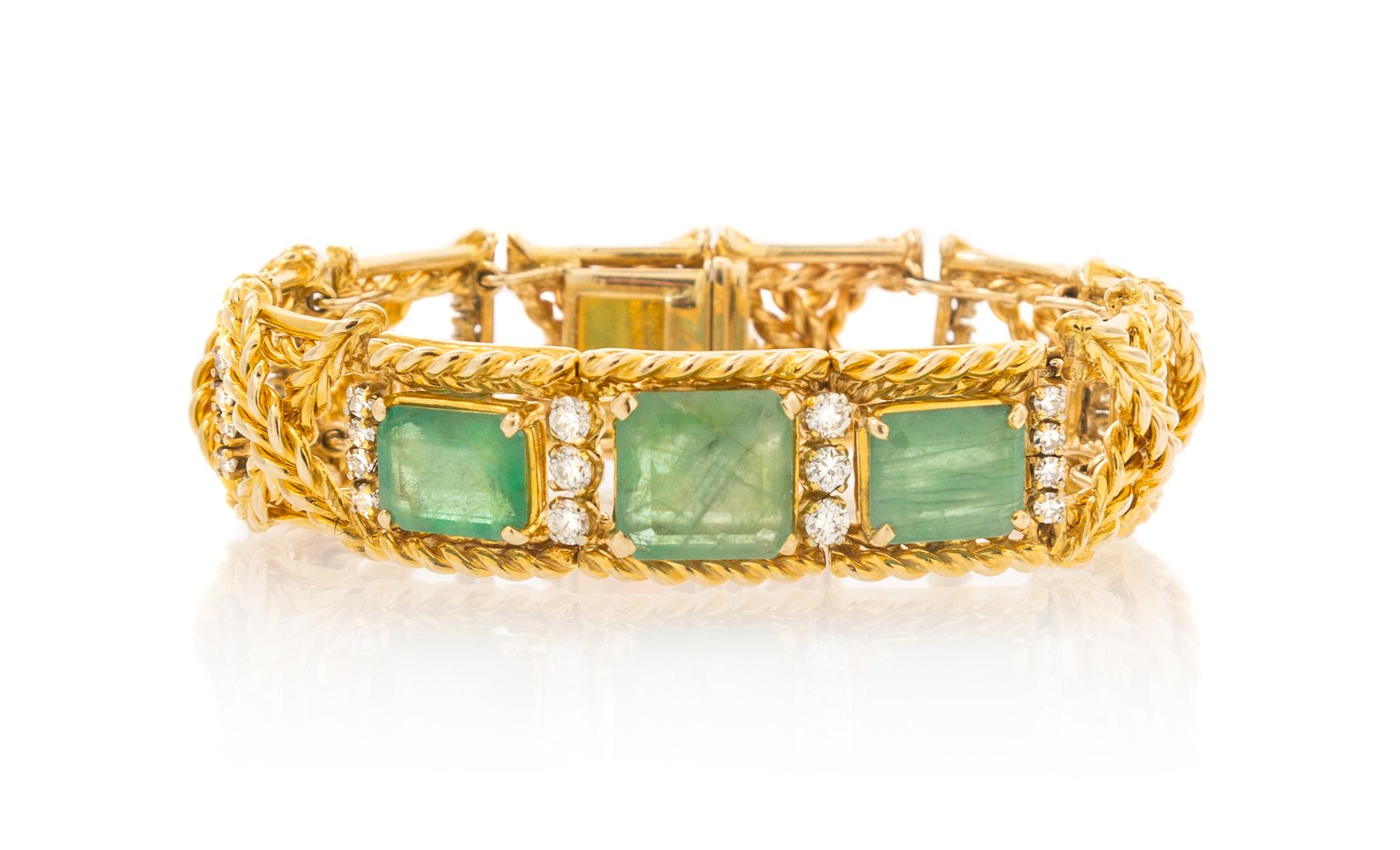 A 14 Karat Yellow Gold, Emerald and Diamond Link Bracelet, 34.70 dwts.