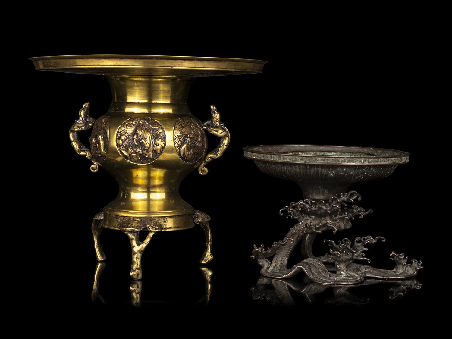 Two Japanese Bronze Flower Pots, Usabata