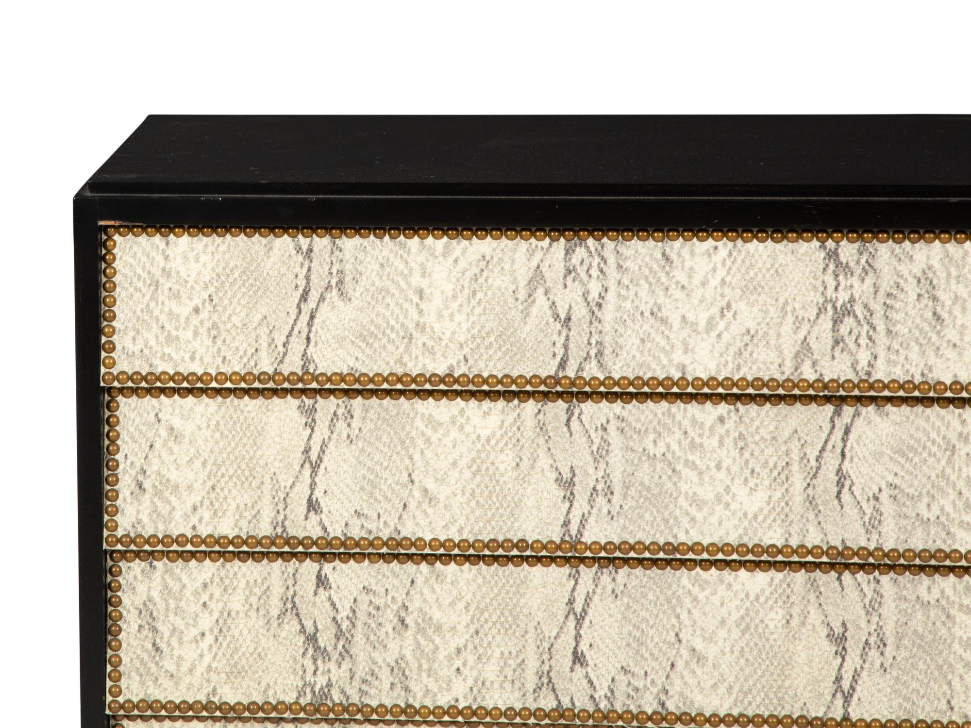 A Pair of Custom Black Painted Chests of Drawers with Faux-Python Veneered Drawer Fronts