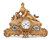 A Gilt Bronze and Sevres Style Porcelain Mounted Figural Mantel Clock, Height 13 1/2 x width 19 inches.