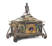A George V Enameled Silver Casket, Maker's Mark CER, Birmingham, 1925, of rectangular form, the domed lift-off cover surmounted by a fi