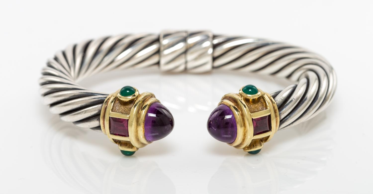 A Sterling Silver, 14 Karat Yellow Gold, Amethyst, Green Onyx and Garnet "Renaissance" Bracelet, David Yurman, 30.80 dwts.