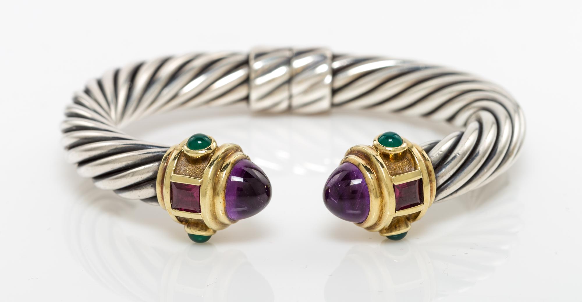 A Sterling Silver, 14 Karat Yellow Gold, Amethyst, Green Onyx and Garnet "Renaissance" Bracelet, David Yurman, 30.80 dwts.