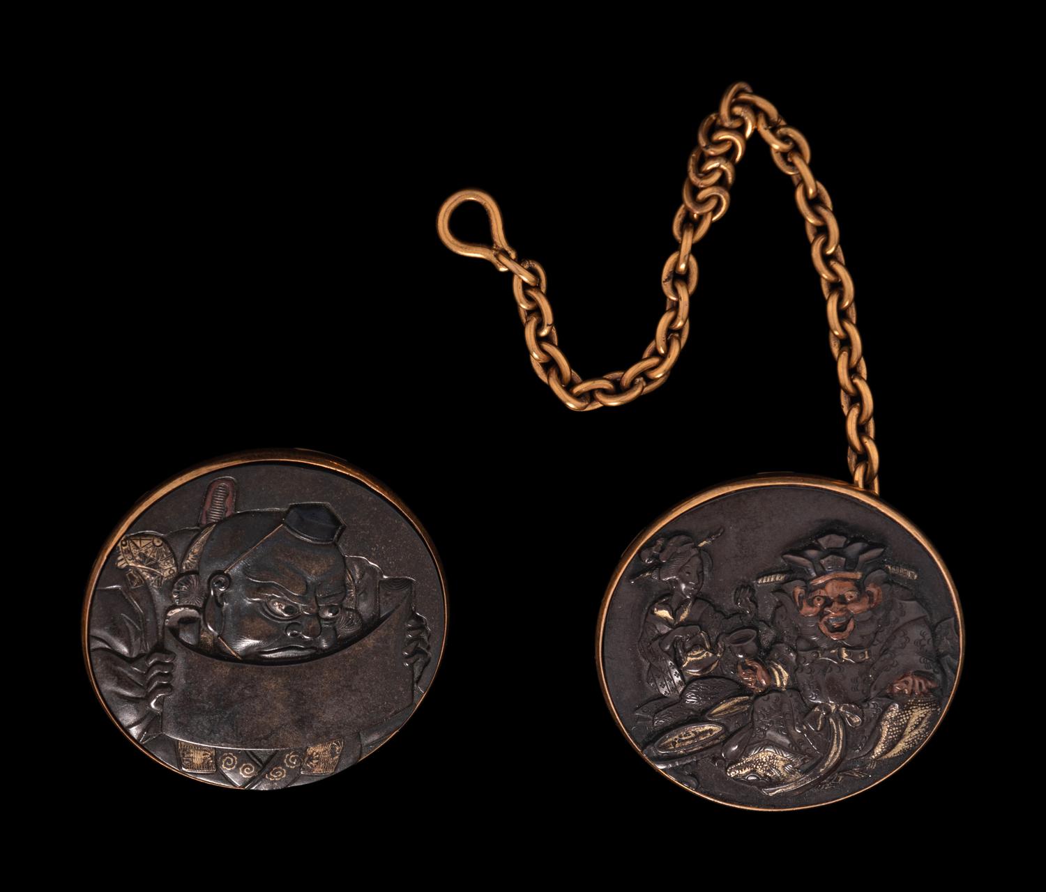 Eight Japanese Mixed-Metal Sword Fittings and Netsuke