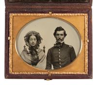[CIVIL WAR]. BRADY, Mathew (1822-1896), photographer. Quarter plate Cutting's Patent double-sided ambrotype of a pre-war first lieutenant and his female companion.