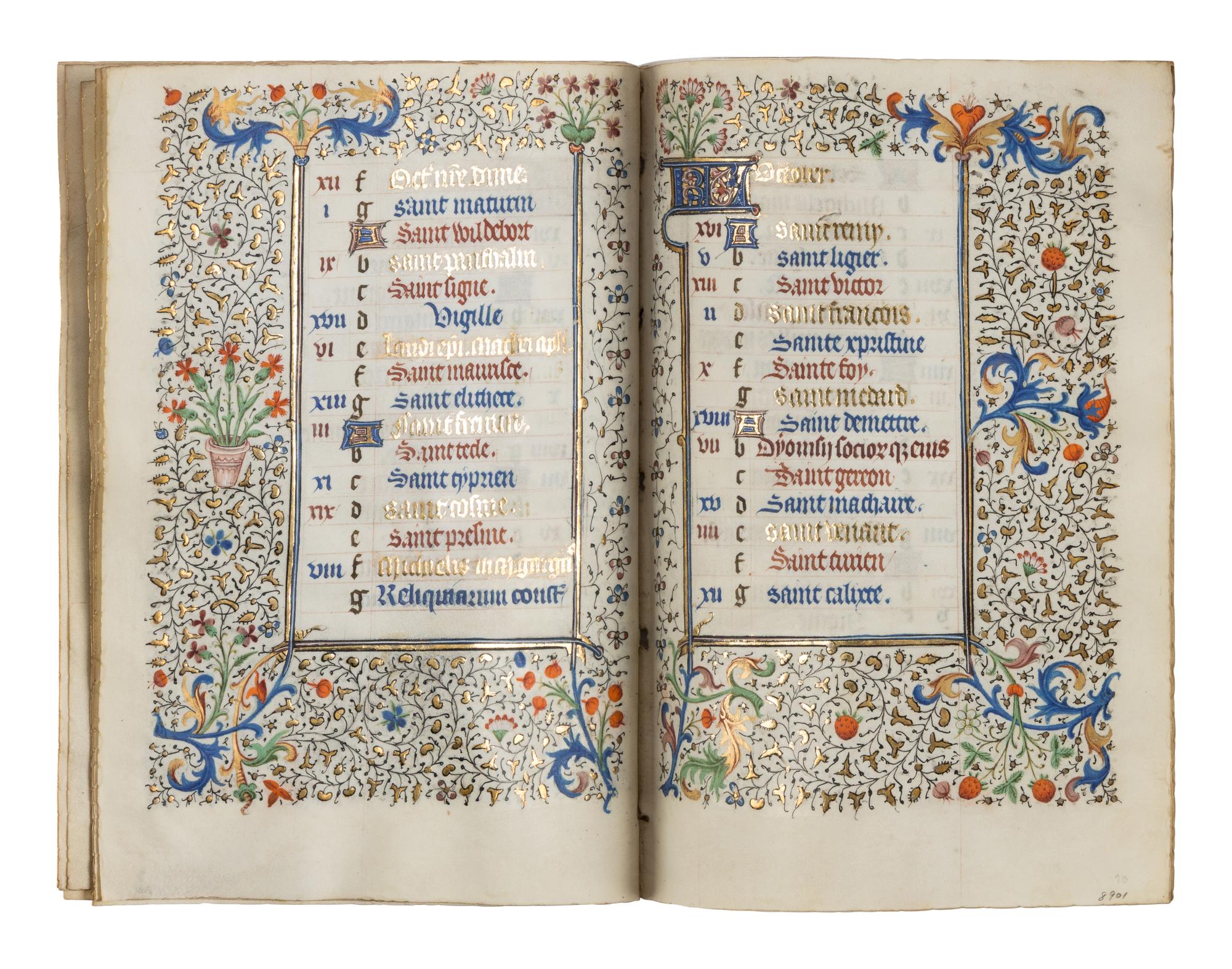 CIRCLE OF THE MASTER OF JEAN ROLIN II (active Paris, c. 1445–1465) A single quire of twelve leaves from a Book of Hours, calendar, in French, illuminated manuscript on parchment [France, Paris, c. 1450]